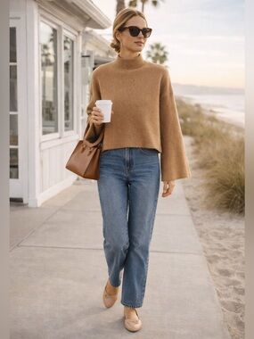 Brown Allan Camel Merino Wool Yak Ribbed Bell Sleeve High Neck Sweater Sz Small